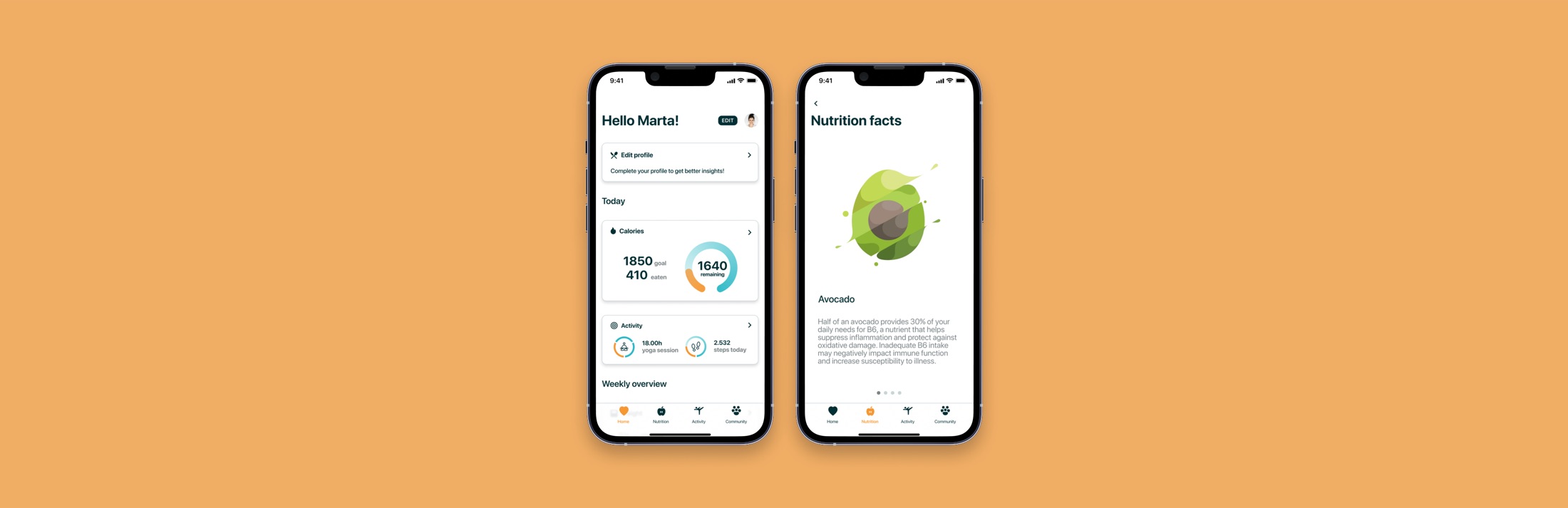Two EatsyPeasy app screens: a home dashboard showing calories, activity, and a weekly weight chart, and a nutrition facts screen explaining the health benefits of avocado