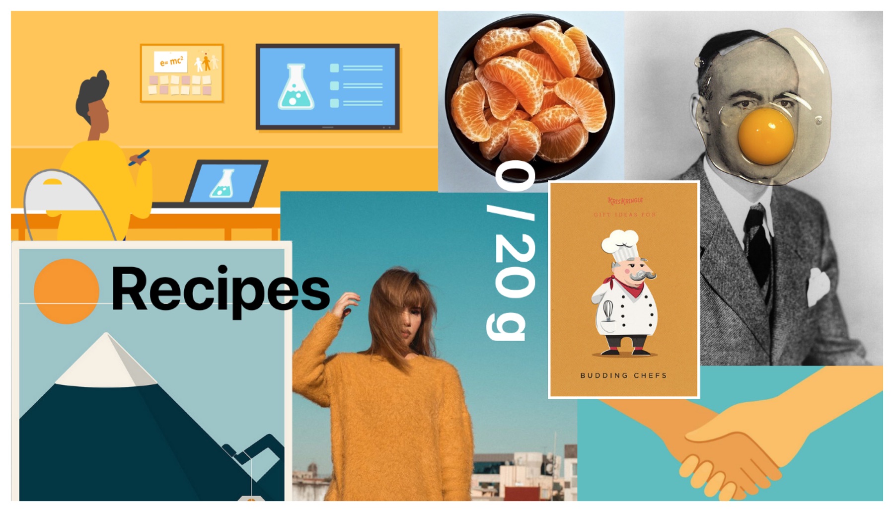EatsyPeasy mood board mixing illustration and photography in orange and teal tones to convey the brand’s trustworthy, educational, optimistic, friendly, and casual attributes