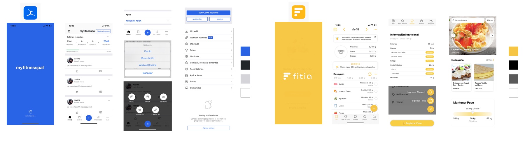 Visual competitive analysis of five fitness and nutrition apps, comparing their color palettes and UI screens