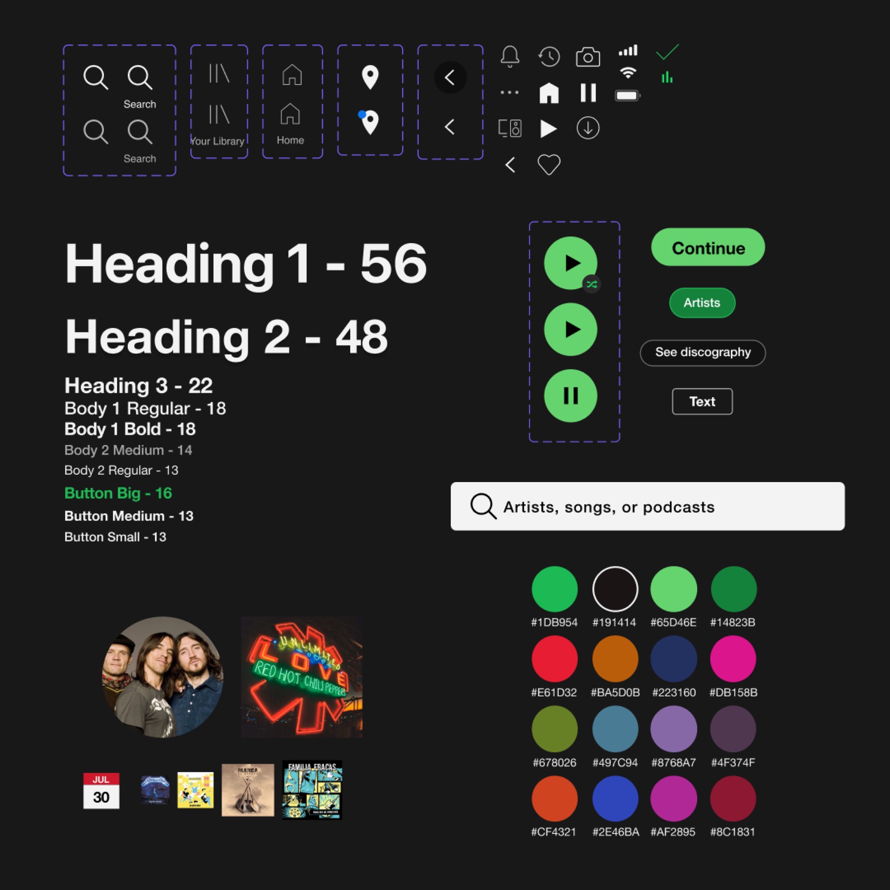 Atomic design inventory of Spotify’s UI atoms: icons, buttons, color palette, and Heading/Body typography styles used to build the Local Scene screens