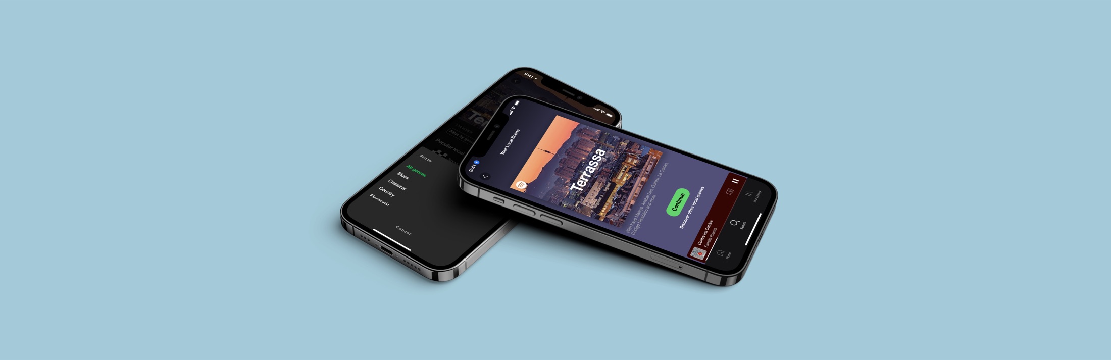 Two Spotify app screens showing the Local Scene feature: a confirmation card for ‘Terrassa’ with a Continue button, layered over the now-playing bar and search screen