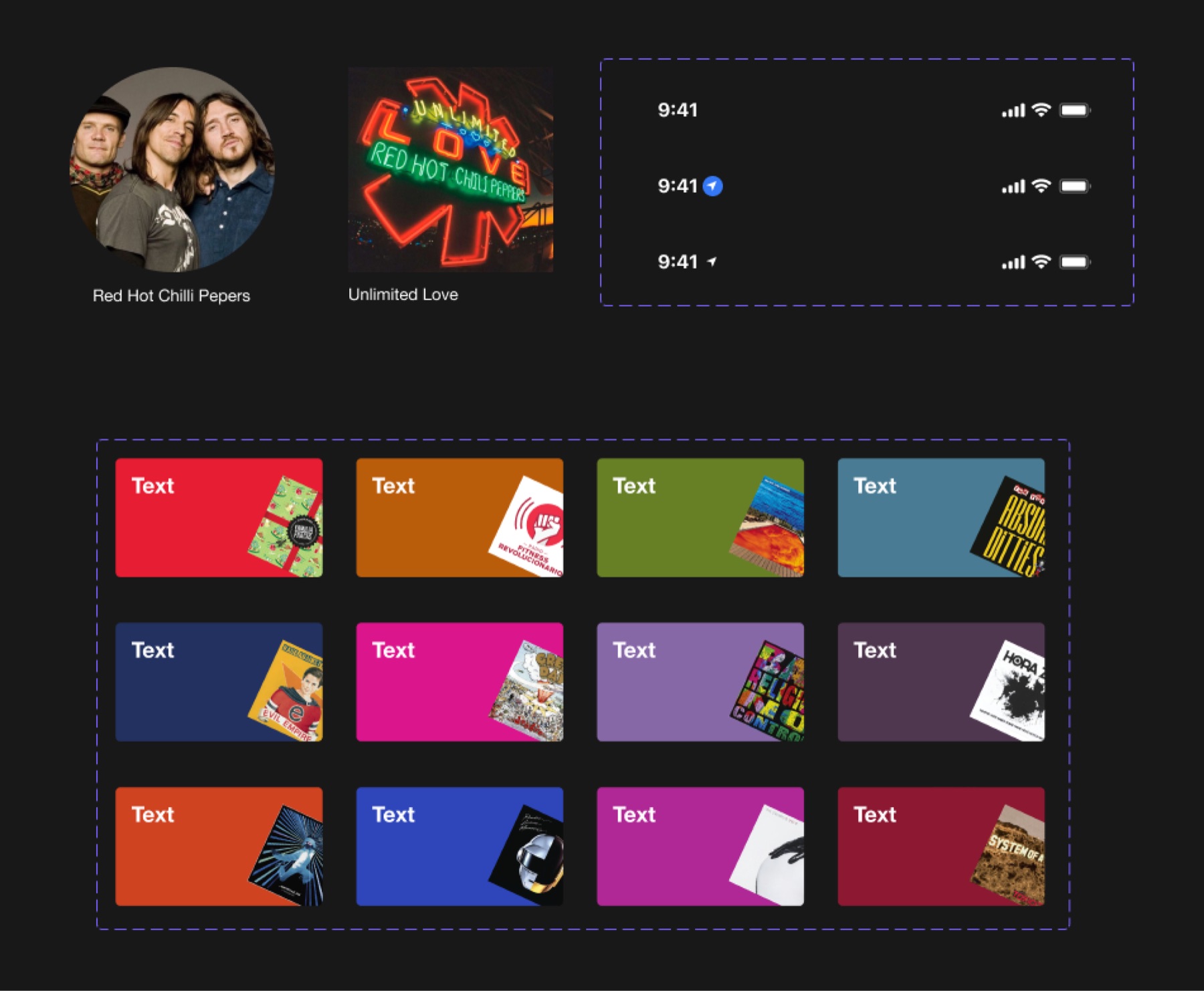 Molecules built from Spotify’s UI atoms: artist and album cards, a status bar, the search field, and a grid of colored playlist cover cards