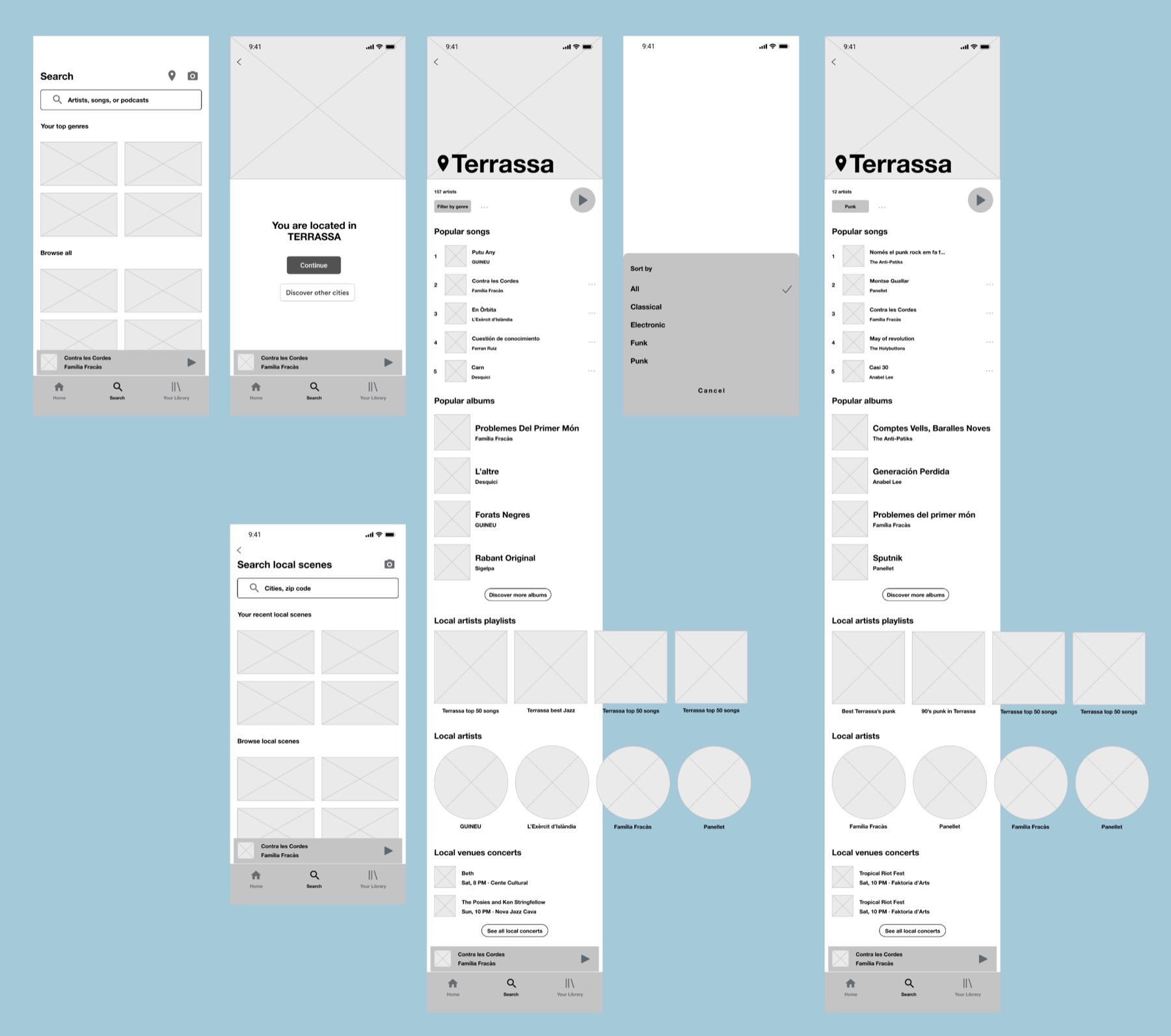 Five mid-fi wireframes of the Local Scene flow: search screen, location confirmation, the Terrassa results screen with popular songs and albums, a genre sort menu, and the filtered Punk results