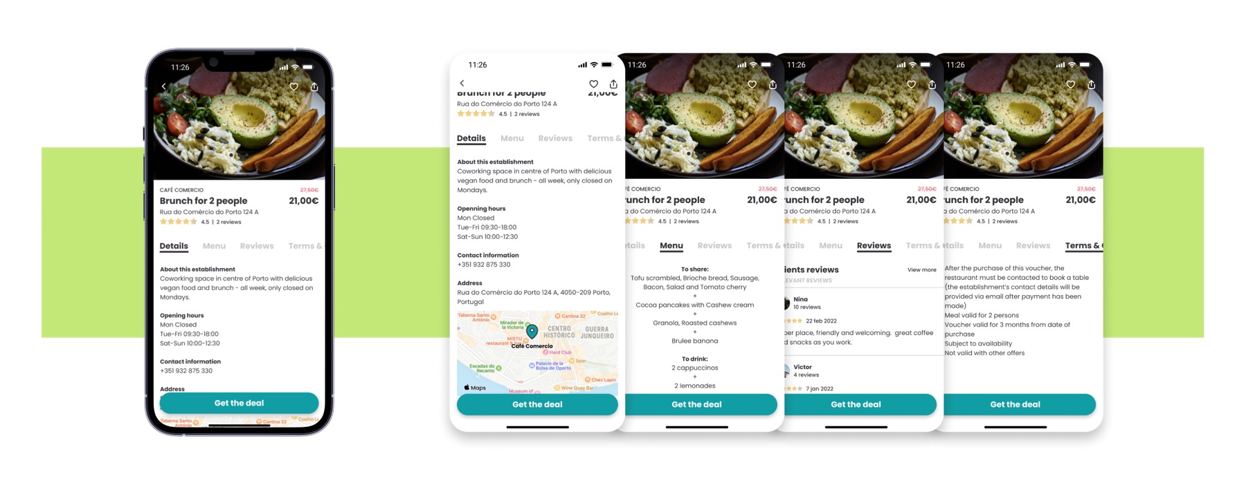 Hi-fi flow: the ‘Brunch for 2 people’ deal detail screen with restaurant info, opening hours, menu, and reviews
