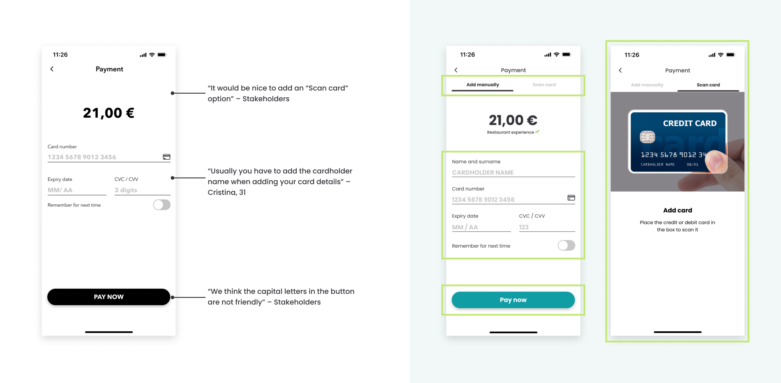 Payment screen usability test feedback